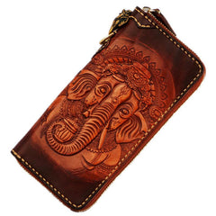 Handmade Leather Tooled Ganesh Mens Chain Biker Wallet Cool Leather Wallet Zipper Long Phone Wallets for Men
