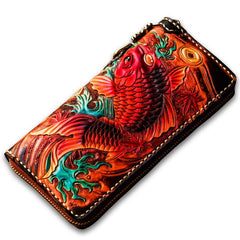 Handmade Leather Tooled Carp Mens Chain Biker Wallet Cool Leather Wallet Long Phone Wallets for Men