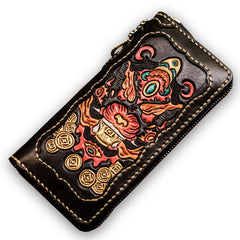 Handmade Leather Mens Tooled Monster Chain Biker Wallet Cool Leather Wallet Long Clutch Wallets for Men - imessengerbags