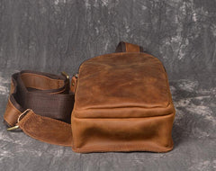 Vintage Brown Leather Men's Chest Bag One Shoulder Backpack Sling Bag For Men