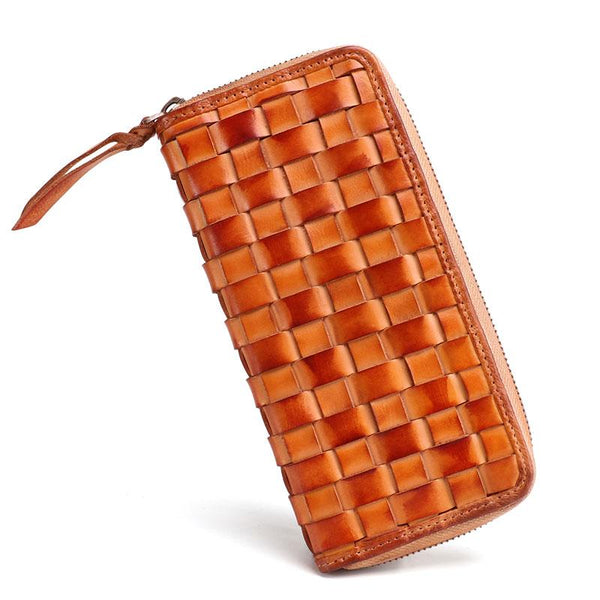 Cool Tan Mens Leather Long Wallet Braided Zipper Long Wallet for Men - imessengerbags