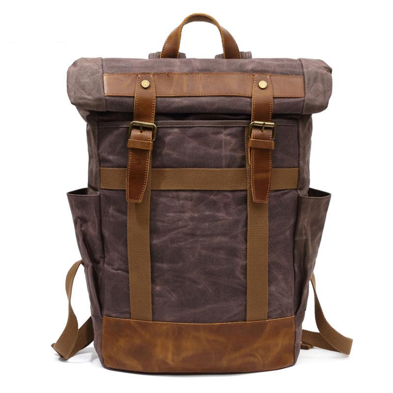 Waxed Canvas Leather Mens Waterproof Black Travel Backpack 15'' Green Computer Hiking Backpack for Men - imessengerbags