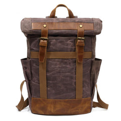 Waxed Canvas Leather Mens Waterproof Black Travel Backpack 15'' Green Computer Hiking Backpack for Men - imessengerbags