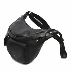 Side view of Black leather fanny pack crossbody