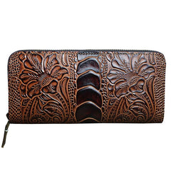 Handmade Leather Floral Mens Cool Zipper Phone Travel Long Wallet Card Holder Card Slim Clutch Wallets for Men - imessengerbags