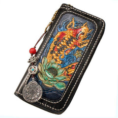 Handmade Leather Carp Mens Chain Biker Wallet Cool Leather Wallet Long Phone Wallets for Men - imessengerbags