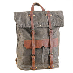 Waxed Canvas Leather Mens 15‘’ Green Waterproof Backpack Khaki Travel Backpack Hiking Backpack for Men - imessengerbags