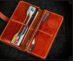 Handmade Leather Men Tooled Chinese Lion Cool Leather Wallet Long Phone Wallets for Men - imessengerbags