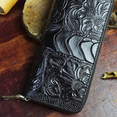 Handmade Leather Floral Mens Cool Zipper Phone Travel Long Wallet Card Holder Card Slim Clutch Wallets for Men - imessengerbags