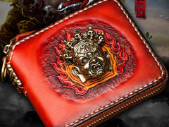 Handmade Mahākāla Leather Brown Biker Wallet Mens Cool Short Chain Wallet Trucker Wallet with Chain - imessengerbags