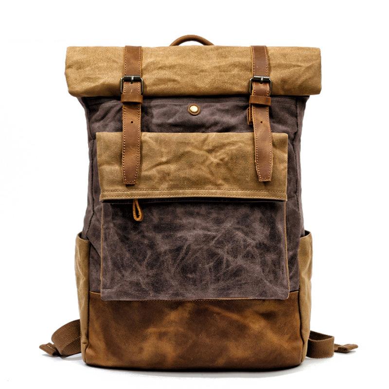 Cool Waxed Canvas Leather Mens Black 15'' Large Waterproof Travel Backpacks Computer Hiking Backpack for Men - imessengerbags