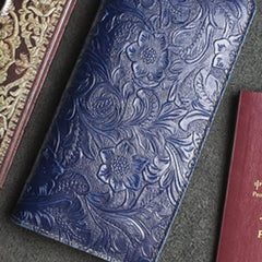 Handmade Leather Floral Mens Cool Travel Long Wallet Passport Card Holder Card Slim Wallets for Men - imessengerbags