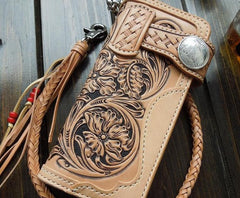 Handmade Leather Biker Wallet Tooled Floral Mens Cool Chain Wallet Trucker Wallet with Chain