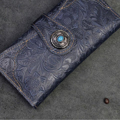 Handmade Leather Floral Mens Cool Travel Long Wallet Card Holder Card Slim Clutch Wallets for Men - imessengerbags