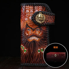 Handmade Mens Cool Tooled Zhong Kui demon Leather Chain Wallet Biker Trucker Wallet with Chain
