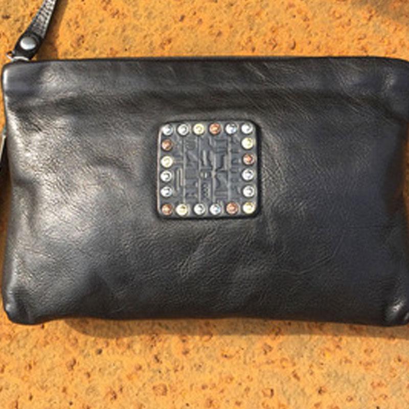 Handmade Genuine Leather Mens Clutch Cool Slim Wallet Zipper Clutch Wristlet Wallet for Men