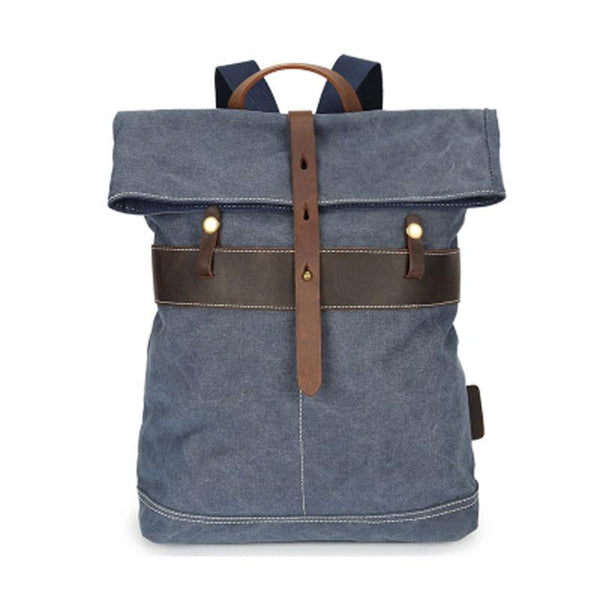 Cool Waxed Canvas Blue Leather Mens Backpack Canvas Travel Backpack Canvas School Backpack for Men - imessengerbags