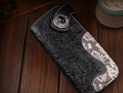 Handmade Leather Mens Cool Black Obsidian Chain Wallet Biker Trucker Wallet with Chain - imessengerbags