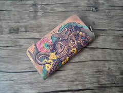 Handmade Leather Chinese Lion Tooled Mens Long Wallet Cool Leather Wallet Clutch Wallet for Men - imessengerbags