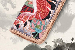 Handmade Leather Mens Clutch Wallet Cool Carp Tooled Wallet Long Zipper Wallets for Men - imessengerbags