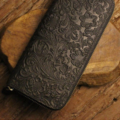 Handmade Leather Floral Floral Mens Cool Zipper Phone Travel Long Wallet Card Holder Card Slim Clutch Wallets for Men - imessengerbags