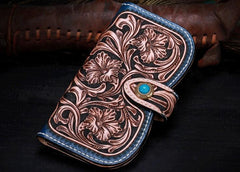 Handmade Leather Tooled Floral Mens Clutch Wallet Cool Wallet Long Wallets for Men Women - imessengerbags