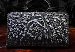 Handmade Leather Mens Tooled Skull Death Cool Zipper Phone Travel Long Wallet Card Holder Card Slim Clutch Wallets for Men - imessengerbags