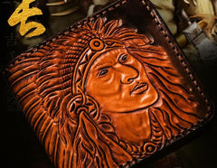 Handmade Leather Indian Chief Tooled Mens billfold Wallet Cool Leather Wallet Slim Wallet for Men - imessengerbags
