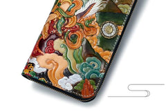 Handmade Leather Tooled White Jambhala Mens Long Wallet Cool Leather Clutch Wallets for Men