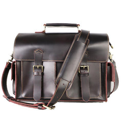 Vintage Dark Brown Leather Mens 14 inches Briefcase Work Shoulder Briefcase Handbags For Men