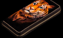 Handmade Leather Men Tooled Tiger Cool Leather Wallet Long Phone Clutch Wallets for Men - imessengerbags