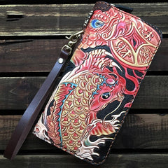 Black Handmade Tooled Chinese Dragon Leather Long Biker Wallet Chain Wallet Clutch Wallet For Men