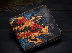 Handmade Leather Carp Tooled Mens billfold Wallet Cool Leather Wallet Slim Wallet for Men - imessengerbags