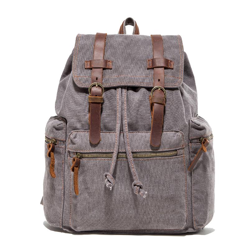 Canvas Leather Women Mens 14" Khaki Travel Backpack Green Computer Bag Black College Backpack for Men - imessengerbags