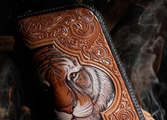 Handmade Leather Mens Clutch Wallet Cool Floral Tiger Tooled Wallet Long Zipper Wallets for Men - imessengerbags