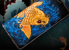 Handmade Leather Men Tooled Carp Cool Leather Wallet Long Phone Wallets for Men - imessengerbags