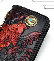 Handmade Leather Tooled Carp Prajna Mens Chain Biker Wallet Cool Leather Wallet Zipper Long Phone Wallets for Men - imessengerbags