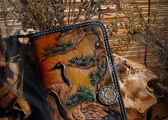 Handmade Leather Mens Clutch Wallet Cool Red-Crowned Crane Tooled Wallet Long Zipper Wallets for Men - imessengerbags