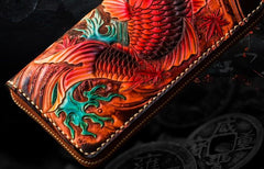 Handmade Leather Tooled Carp Mens Chain Biker Wallet Cool Leather Wallet Long Phone Wallets for Men