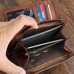Handmade Mens Cool billfold Leather Wallet Men Small Zipper Wallets Bifold for Men - imessengerbags