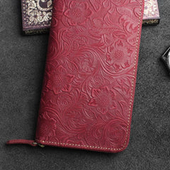 Handmade Leather Floral Mens Cool Travel Long Wallet Card Holder Card Slim Clutch Wallets for Men - imessengerbags