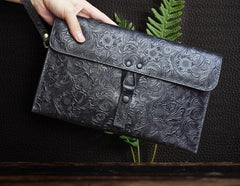 Handmade Leather Floral Tooled Mens Clutch Cool Slim Wallet Zipper Clutch Wristlet Wallet for Men