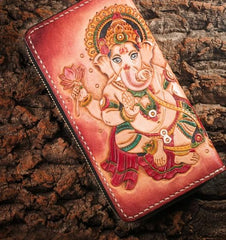 Handmade Leather Mens Clutch Wallet Tooled Cool Ganesha Wallet Long Zipper Wallets for Men