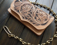 Handmade Leather Biker Wallet Tooled Floral Mens Cool Chain Wallet Trucker Wallet with Chain