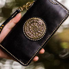 Handmade Leather Tibetan Mens Chain Biker Wallet Cool Leather Wallet Long Clutch Wallets for Men