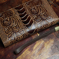Handmade Leather Mens Tooled Floral Cool Zipper Phone Travel Long Wallet Card Holder Card Slim Clutch Wallets for Men - imessengerbags