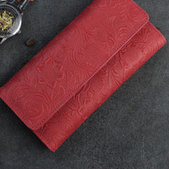Handmade Leather Floral Mens Cool Travel Long Wallet Card Holder Card Trifold Clutch Wallets for Men - imessengerbags