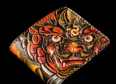 Handmade Leather Chinese Lion Tooled Mens billfold Wallet Cool Leather Wallet Slim Wallet for Men - imessengerbags