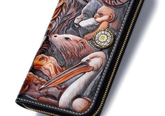 Handmade Leather Tooled The Animals Mens Chain Zipper Biker Wallet Cool Leather Wallet Long Phone Wallets for Men