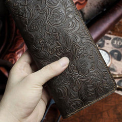 Handmade Leather Floral Mens Cool Travel Long Wallet Card Holder Card Slim Clutch Wallets for Men - imessengerbags